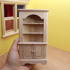 a hand is holding a doll house with a bookcase on it's shelf