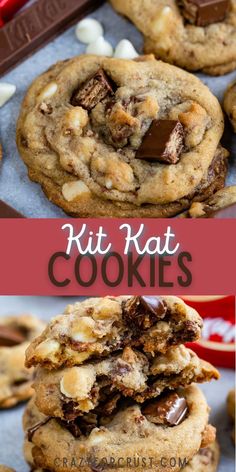 cookies with chocolate chips and nuts are stacked on top of each other in front of the words, kitkat cookies