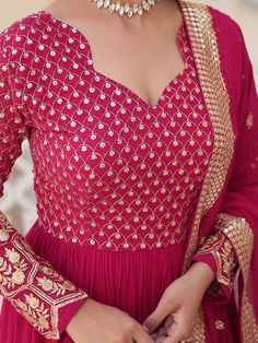 This elegant gown is perfect for any special occasion, from engagements to weddings to receptions. The vibrant rani pink color, combined with the intricate zari work, thread embroidery, and sequin work, will make you stand out in any crowd.
This gorgeous gown includes a fully stitched design, available in sizes XS to XXL, a 5-meter flair for a dramatic look, and a gown length of 56 inches. Paired with a similar color georgette dupatta adorned with rich sequins multi embroidered lace border work, Pink Floor-length Anarkali Set With Zari Work, Pink Salwar Kameez With Zari Work For Reception, Traditional Pink Gown With Resham Embroidery, Pink Chinon Dress With Dabka Work, Traditional Pink Dress With Dori Work, Pink Gown With Zari Work In Traditional Drape, Gold Floor-length Dress With Dori Work, Traditional Pink Gown With Zari Work, Traditional Gown With Dori Work In Chinon