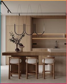 an image of a modern kitchen setting with bar stools and countertop area in the background