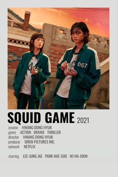 two young people standing next to each other in front of a building with the words squid game on it