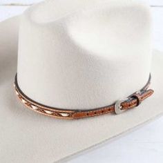 White and Tan Buckstitch Hatband Classic Cheap Hat Band One Size Fits Most, Cheap Classic Spring Hat Bands, Luxury White Country Hat Bands, White Adjustable Leather Hat, Adjustable White Leather Hat, Southwestern White Adjustable Hat, White Southwestern Adjustable Hat, Adjustable Cream Hats For Ranch, Adjustable Cream Hat For Ranch