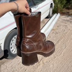 Vintage Chunky Boots, Platfrom Shoes Boot 70s, Vintage Boots Outfit, Mudd Boots, Vintage Brown Chunky Boots, Brown Platform Boots 70s, 70s Boots, Brown Vintage Cowboy Boots, 70s Shoes