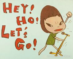 a drawing of a woman holding a baseball bat with the words hey ho let's go