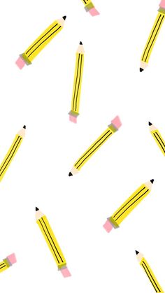 yellow pencils with pink tips are scattered on a white background in this seamless pattern