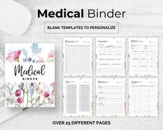 medical binder with flowers on it and the text, medical binder blank templates to personalize over 25 different pages