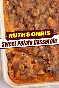 a casserole dish filled with sweet potato casserole and topped with pecans