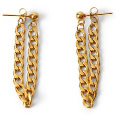 Add some dazzle to your outfit with these earrings! These curb chain earrings are 14k gold plated, giving them a flashy yet classy look. Perfect for adding a touch of elegance to any outfit. Elegant Gold Earrings With Double Chain, Gold Chain Link Earrings Tarnish Resistant, Gold-tone Chain Earrings Gold Plated, Gold-tone Drop Earrings With Adjustable Chain, Gold-tone Chain Detail Gold Plated Earrings, Gold Linear Chain Drop Earrings, Gold-tone Drop Earrings With Gold Chain, Trendy Gold Chain Earrings, Horn Of Africa