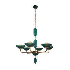 a green chandelier with six lights hanging from it