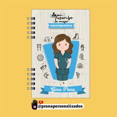 a notebook with an image of a woman in scrubs