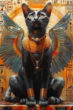 a black cat sitting on top of a table next to an egyptian mask and necklace