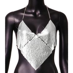 Metal halter women crop top. Triangle Top Crop Top For Club, Cropped Halter Top For Summer Clubbing, Trendy Triangle Crop Top For Night Out, Trendy Cropped Halter Top For Club, Fitted Silver Crop Top For Summer, Triangle Crop Top For Night Out, Triangle Top Crop Top For Summer Clubbing, Summer Triangle Crop Top For Club, Women Crop Top