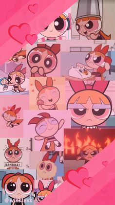 the powerpuff girls collage is shown in pink and red with hearts on it