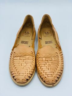 tan Woven Leather Slip-on Huaraches For Beach, Natural Closed-toe Huarache Sandals With Stitched Sole, Natural Woven Leather Open-toe Huaraches, Hand Tooled Closed-toe Huaraches For Spring, Beach Leather Hand-tooled Huaraches, Old Ones, Out Of Style, Moccasins, Classic Style