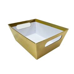 a gold and white box with a handle on the bottom is shown against a white background