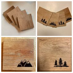 four pictures of wooden coasters with mountains and trees carved on the front, one is made out of wood