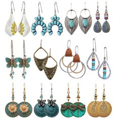 many different types of earrings are shown in various colors and shapes, including blue, green,