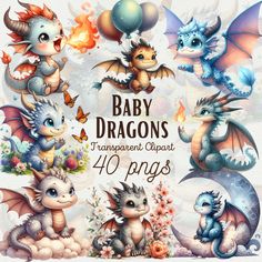 baby dragon clipart set with different types of animals and balloons in the sky, on a white background