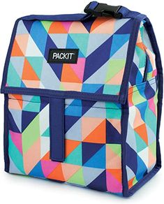 a colorful lunch bag with the word paktt printed on it's side