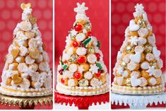 three different pictures of a christmas tree made out of cookies and marshmallows