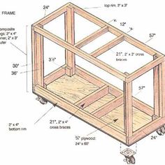 a wooden cart with measurements for the top and bottom