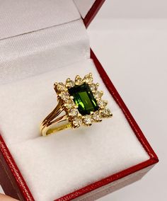 Beautiful Vintage 14k Yellow Gold Natural Green Tourmaline Ring with Halo round Diamonds 100% Natural Tourmaline Tourmaline 3.06 CT Diamond(s) 1.00 CT Color: H ]Clarity: SI1 Total ring weight: 5.5 GR 14K Yellow Gold Ring sizing available Free of Charge For more information regarding this item feel free to reach me so I can accommodate your needs. Thank you Green Sapphire Ring With Halo Setting For Formal Events, Green Sapphire Ring With Halo Setting For Formal Occasions, Elegant Yellow Gold Tourmaline Emerald Ring, Green Tourmaline Ring With Halo Setting, Green Tourmaline Rings With Halo Setting, Fine Jewelry Tourmaline Rings With Brilliant Cut, Green Tourmaline Jewelry With Halo Setting, Formal Tourmaline Rings For May Birthstone, Formal Yellow Gold Emerald Ring