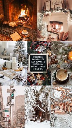 a collage of photos with coffee cups and candles in front of a fire place