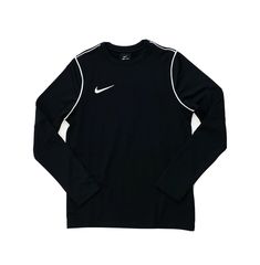 Nike Park 20 Crew Top  Soft, Sweat-Wicking Coverage  Dri-FIT brushed body (front and back panel) for warmth un-brushed sleeves to keep you cool and mobile shoulder seam moved forward for comfort standard fit top with soft hand feel  subtle piping details for modern, but clean finish 100% Polyester Body width: 16.3", Body length: 22.4" (size medium) Note: Sample, written on the inside, not visible from the outside Let me know if you have any questions. Listing and template services provided by in Nike Drifit Shirts, Nike Long Sleeve Cotton Shirt, Nike Cotton Long Sleeve Shirt, Black Long Sleeve Sports Shirt, Full Sleeve Tshirt, Volleyball Outfits, Black Characters, Athletic Outfits, Soft Hand