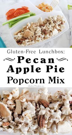 an apple pie popcorn mix is shown in this collage with the words, gluten - free lunchbox pecan apple pie popcorn mix