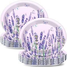 three plates with lavender flowers painted on them