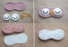 crocheted sleeping masks and eye patches are shown in four different pictures, including one with eyes closed