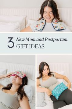 three pictures with the words 3 new mom and postpartum gift ideas on them