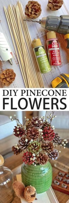 diy pinecone flowers in a green vase on a table with other items