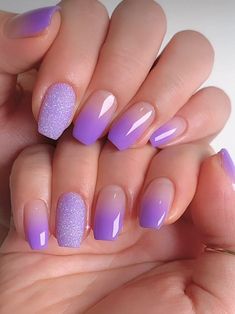 shimmery purple nail design Ombre Nails With Purple, Ombre Gel Polish Nails, Ombre Purple Nails Acrylic, Purple Color Nails Designs, Purple Nail Ideas Simple, Ombre Nail Inspiration, Purple And Gold Ombre Nails, Omre Art Nails, Purple Ombre French Tip Nails