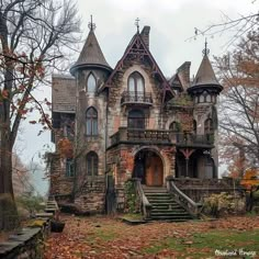 an old house in the fall with leaves on the ground and stairs leading up to it