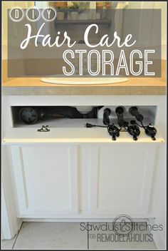 there is a shelf with hair care items on it and the words, how to make your own hair care storage