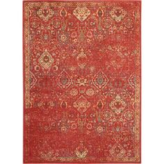 a red rug with an ornate design on the top and bottom, in different colors