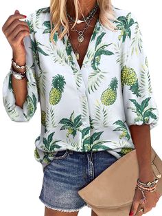 PRICES MAY VARY. Style: casual shirt/cute tops for women in spring/fall. Perfect button down shirt is greats for work, beach, office, travel, holiday, vacation, party, club and dating. Pineapple shirts for women/graphic tshirts/pineapple t-shirt/pineapples printed blouses/beach tops. Features: Pineapple Graphic Tops, Lapel Collar Shirts, Long Sleeves Blouse, Buttons Tunics, Loose Fit Tops Shirt; Lantern Sleeve, Oversized Tees T Shirt, Elastic Cuff, Beach Tshirt, Office Ladies; Color: White, Marb Green Shirt For Fall Vacation, Trendy V-neck Shirt For Vacation, Printed Vacation Shirt For Fall, Printed Shirt For Fall Vacation, Printed Shirt For Vacation In Fall, Casual Green Printed Blouse, Spring Vacation Collared Blouse, Casual Printed Blouse For Vacation, Trendy Long Sleeve Blouse For Vacation