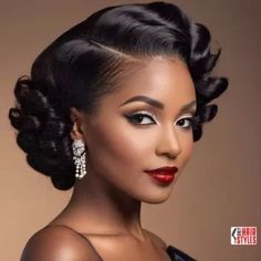 Old Hollywood Waves Black Women, Harlem Nights Hairstyles, 1950s Hairstyles Black Women, Wedding Updo For Black Women, Vintage Hairstyles Black Women, Bridesmaid Hair Black Women, Black Wedding Hairstyles For Bride, Bridal Up Do, 1950s Black Hairstyles