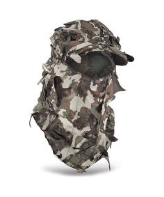 a camouflage mask is shown on a white background, with the hood pulled back to expose it's face