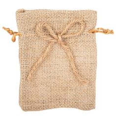 a burlocked bag tied with twine and rope on a white background