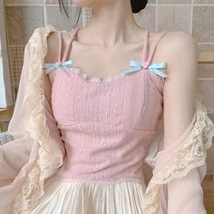 French Aesthetic Fashion, Angelcore Outfits, Princesscore Cottagecore, Goth Outfit, Pink Lace Tops, Clothing Pieces, Fairy Figurines, Pinkie Pie, Pink Crop Top