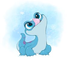 a blue and white cartoon character sitting on the ground with snowflakes in the background