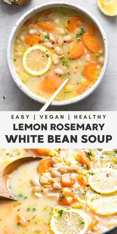 lemon rosemary white bean soup in a bowl with the title text overlay reads easy vegan healthy lemon rosemary white bean soup