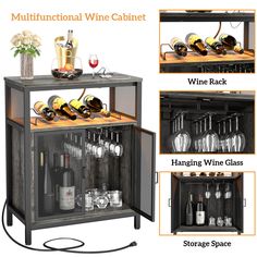 the wine cabinet has many bottles and glasses on it