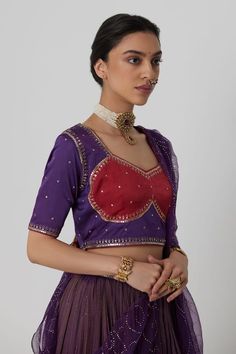 Deep purple tissue chanderi lehenga with all over gullista bloom aari-zardozi embroidered highlights. Paired with a half sleeves embroidered purple-pink choli cut blouse and bloom pattern mukaish organza dupatta. - Aza Fashions Unstitched Purple Pre-draped Saree With Dori Work, Bollywood Style Purple Raw Silk Pre-draped Saree, Purple Raw Silk Pre-draped Saree With Cutdana, Chanderi Zari Work Sets For Reception, Festive Kundan Sets With Resham Embroidery, Purple Chanderi Pre-draped Saree For Reception, Purple Chanderi Traditional Wear With Dori Work, Purple Pre-draped Saree With Zari Work For Reception, Purple Tissue Silk Pre-draped Saree For Reception