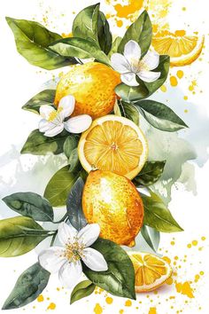 watercolor painting of oranges with leaves and flowers