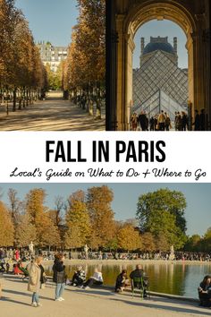 people walking and sitting in front of the eiffel tower with text overlay that reads fall in paris