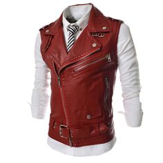 Product Description * Item: Mens Slim Fit Motorcycle Biker Jacket Top Stand Collar Zipper Faux Leather Vest * Condition: 100% Brand New * Color:white red black  * Size:Asian S-2XL * Package:1pc Coats (without any accessories ）    Please note: 1.Please allow a little error due to manual measurement. 2.The color maybe a little difference because of the light,screen reflection etc. 3.If you are not sure what size to choose, you can tell us your height and weight, we will recommend the right size fo Waistcoat Fashion, Faux Leather Vest, Motorcycle Vest, Biker Vest, Red Vest, Leather Jacket Style, Sleeveless Jacket, Suit Vest, Leather Jacket Black