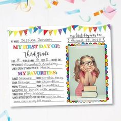 a child's first day of school photo book with confetti streamers